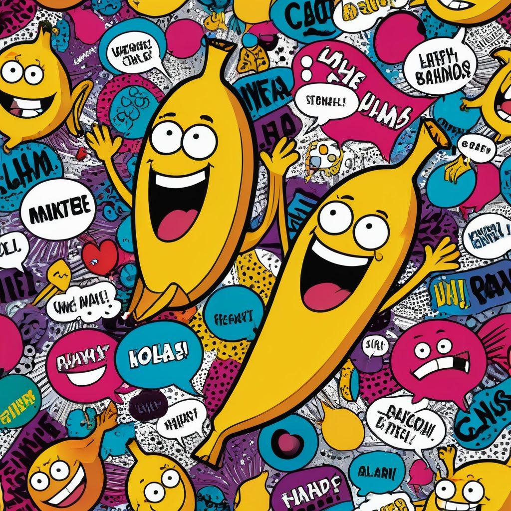 A whimsical cartoon scene featuring lively characters engaged in a comedic situation, showcasing exaggerated expressions and vibrant colors. Include a mixed setting with classic comic speech bubbles and playful visual gags in the background. Highlight elements like a comedy stage, colorful props, and a variety of animated styles merging together for a dynamic effect. A sense of joyful chaos and humor should permeate the image. vector art. vibrant colors. white background.